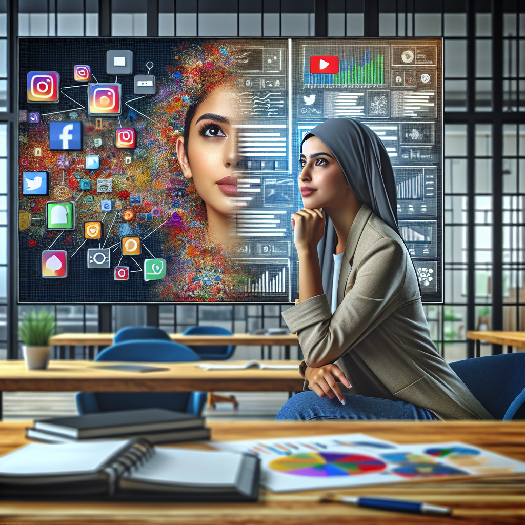 Generate an image showing a sleek, modern office with a large digital screen displaying dynamic social media advertisements. The focus is on a marketer, thoughtfully analyzing data and insights with focus, against a backdrop of a timeline of campaigns visualized as a vibrant mural on the wall.