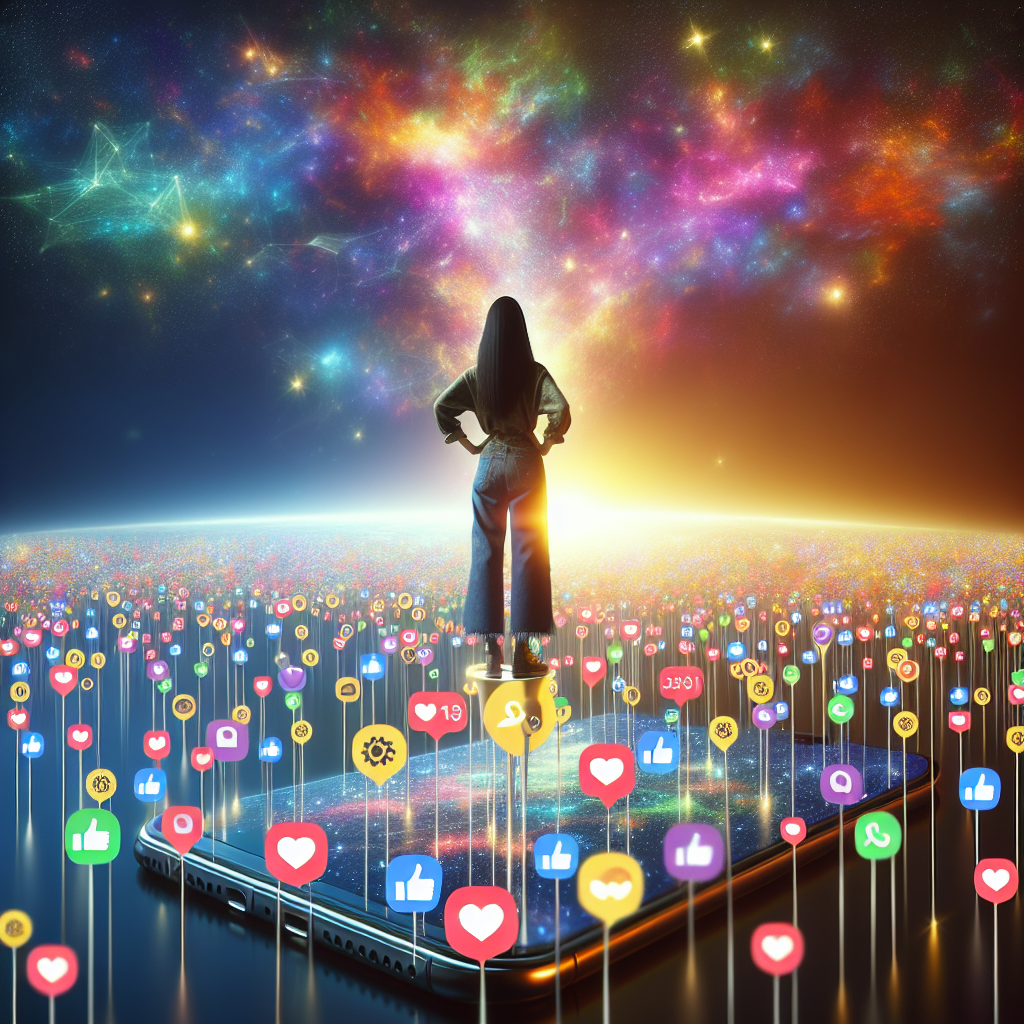 Generate an image of a social media campaign manager standing atop a giant smartphone, overlooking a vast digital landscape. The scene is colorful and dynamic, filled with floating notifications, likes, and shares, symbolizing active audience engagement and brand growth.