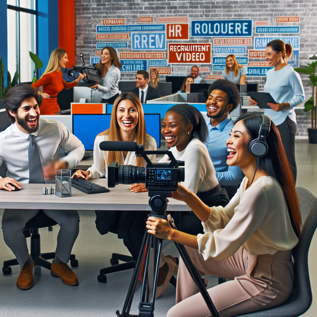 Generate an image depicting a corporate office setting where a dynamic recruitment video is being produced. The image should show a diverse group of employees being filmed, representing various roles and company culture. Focus on vibrant colors and an engaging environment that showcases the collaborative effort involved in creating the video.