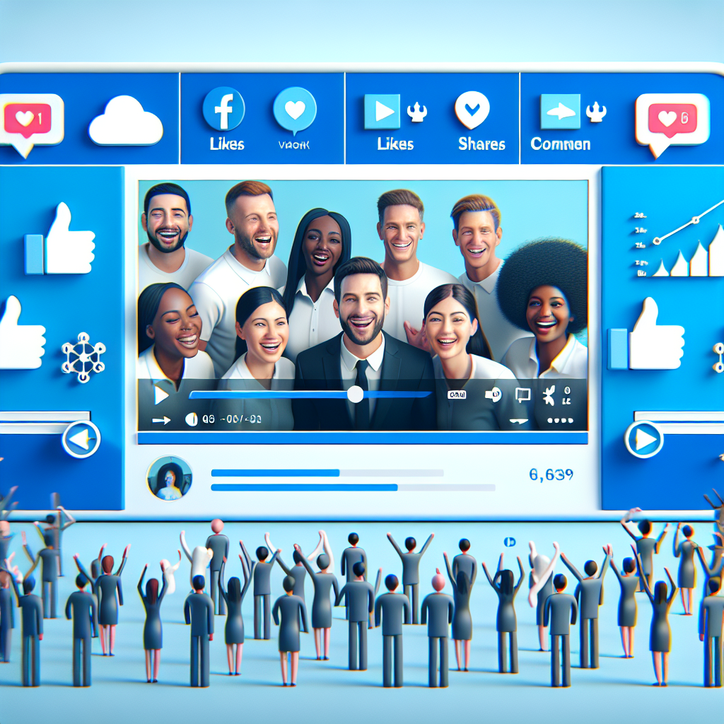 Generate an image of a social media interface with a recruitment video prominently displayed. The scene should highlight various engagement metrics like likes, shares, and comments to signify high interest. The video thumbnail should feature happy employees and a catchy headline, visually representing its effectiveness in gaining visibility.