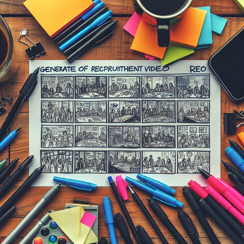 Generate an image illustrating a creative storyboard for a recruitment video. The storyboard should have detailed sketches of different scenes that highlight the company's unique benefits and culture. Include pens, sticky notes, and coffee cups on the desk to give an authentic creative workspace feel.