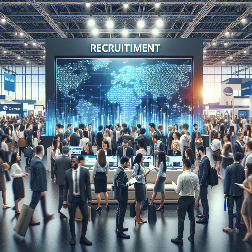 Generate an image of a bustling job fair booth with a large screen playing recruitment videos. The booth should be decorated with company branding and brochures. Show interested candidates watching intently, with a vibrant atmosphere that conveys the excitement and appeal of engaging with recruitment videos.