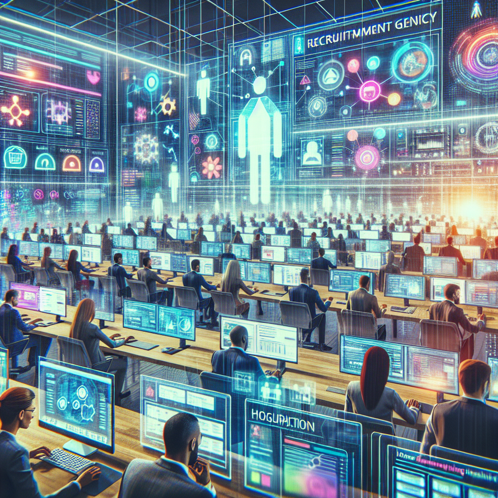 Generate an image of a bustling, futuristic recruitment agency office where agents are collaboratively using various digital platforms like LinkedIn, job boards, and social media on holographic screens to leads, depicting the integration of technology in lead generation.