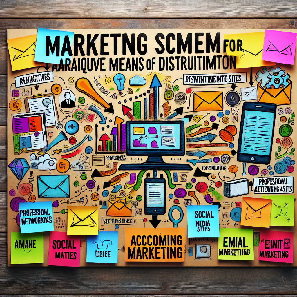 Generate an image of a creative and vibrant marketing board filled with sticky notes and sketches, illustrating a strategic plan for lead generation in recruitment. Each section of the board represents different platforms like a computer for LinkedIn, a smartphone for social media, and an envelope for email marketing.