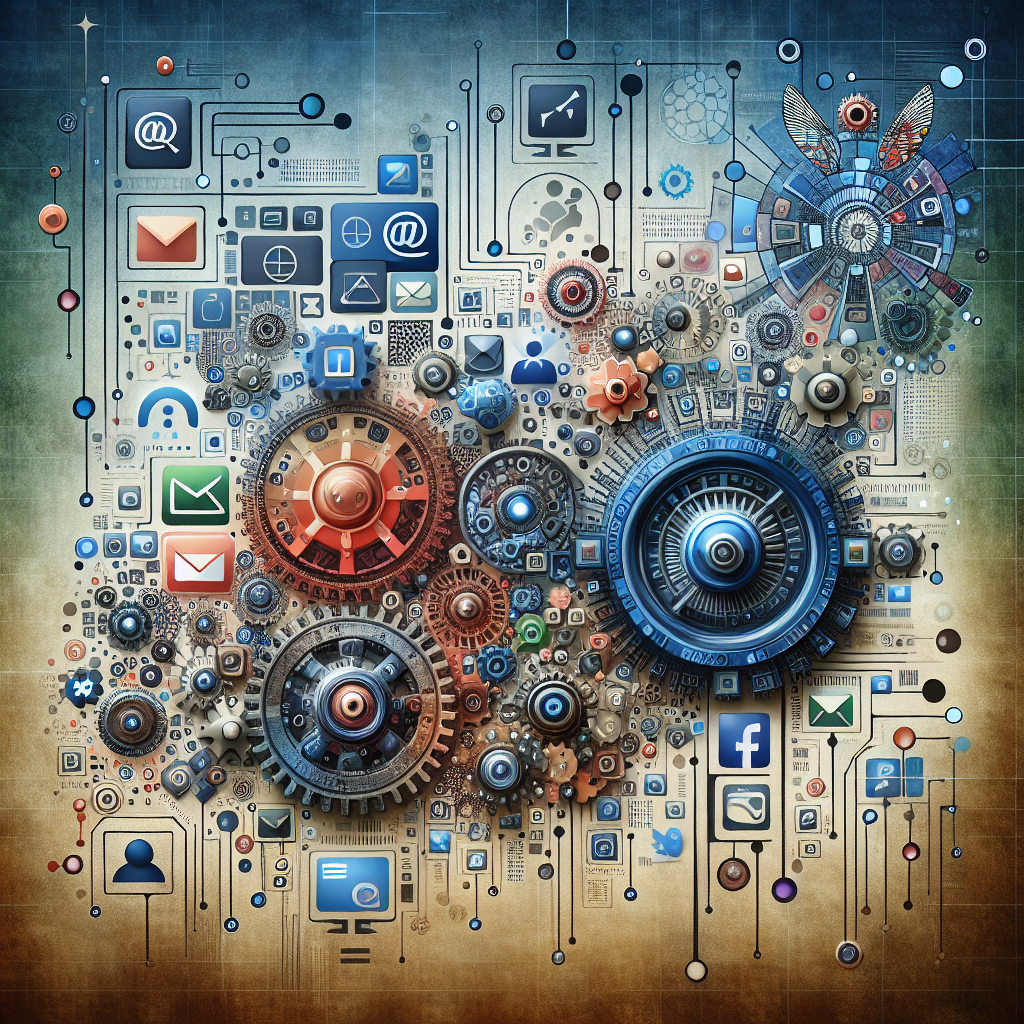 Generate an abstract artistic image that symbolizes the harmony of digital elements like websites, email icons, and social media logos blending together to form a cohesive lead generation machine for recruitment agencies. The image should convey innovation and connectivity.