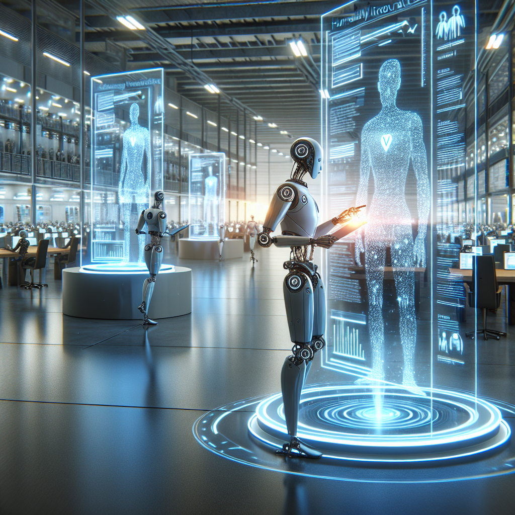 Generate an image of a futuristic office scene where AI-powered robots and software are automating recruitment processes, displaying sleek holographic interfaces and advanced machinery efficiently managing applications.