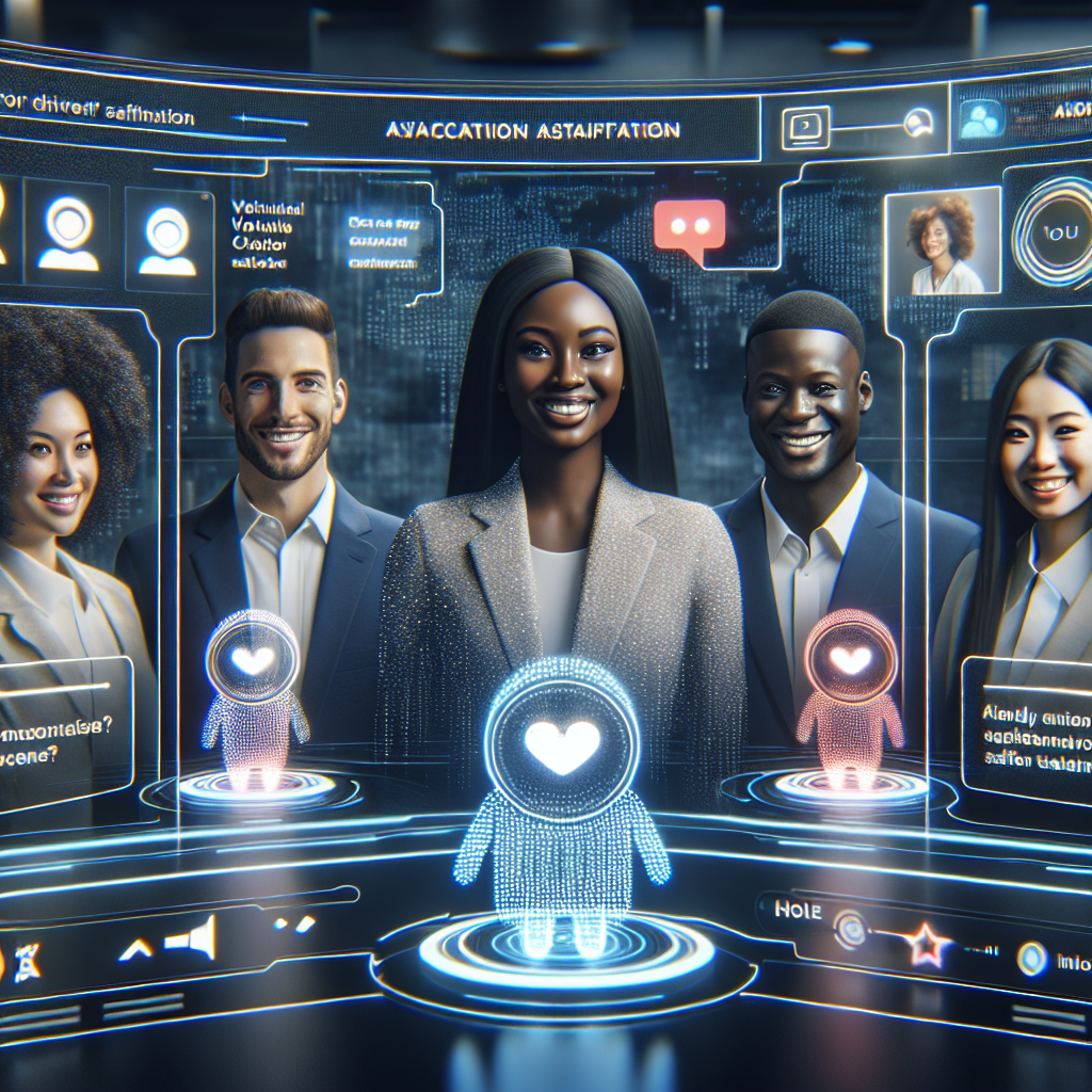 Generate an image of a diverse group of job candidates experiencing a seamless and enhanced recruitment journey through AI, with visuals showing virtual assistant chatbots and AI-driven satisfaction metrics.