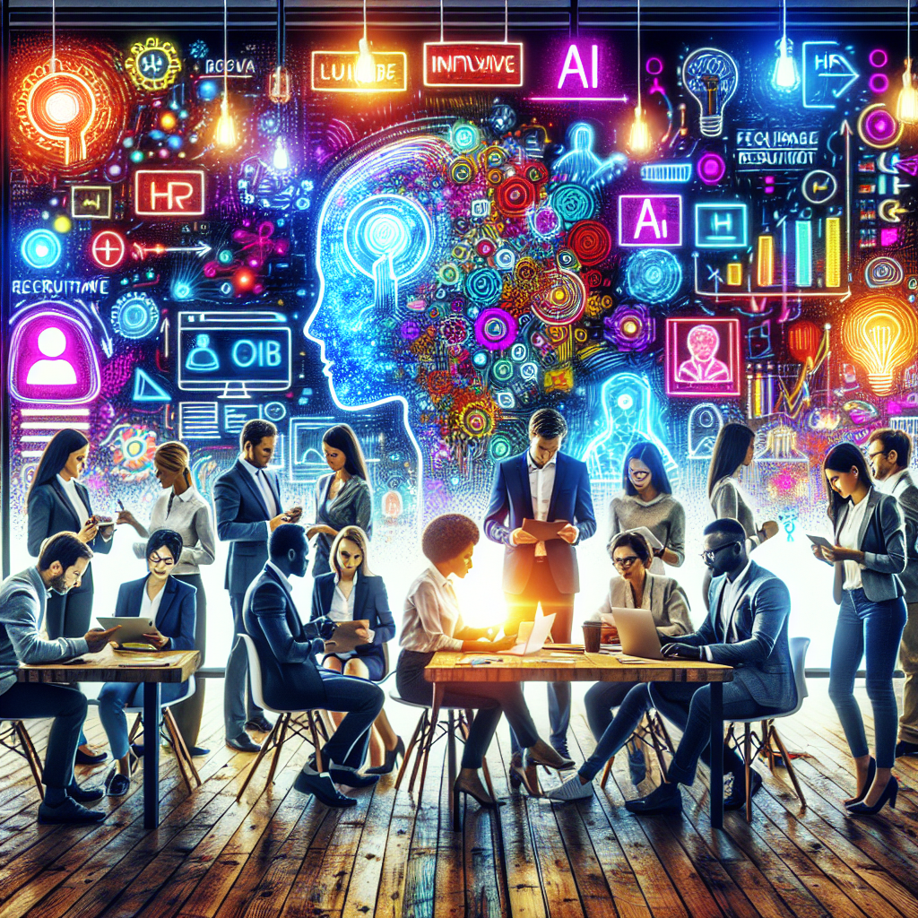 Generate an image of AI developers and HR professionals collaborating to create innovative recruitment solutions, set in a creative workspace filled with brainstorming boards and futuristic AI schematic designs.
