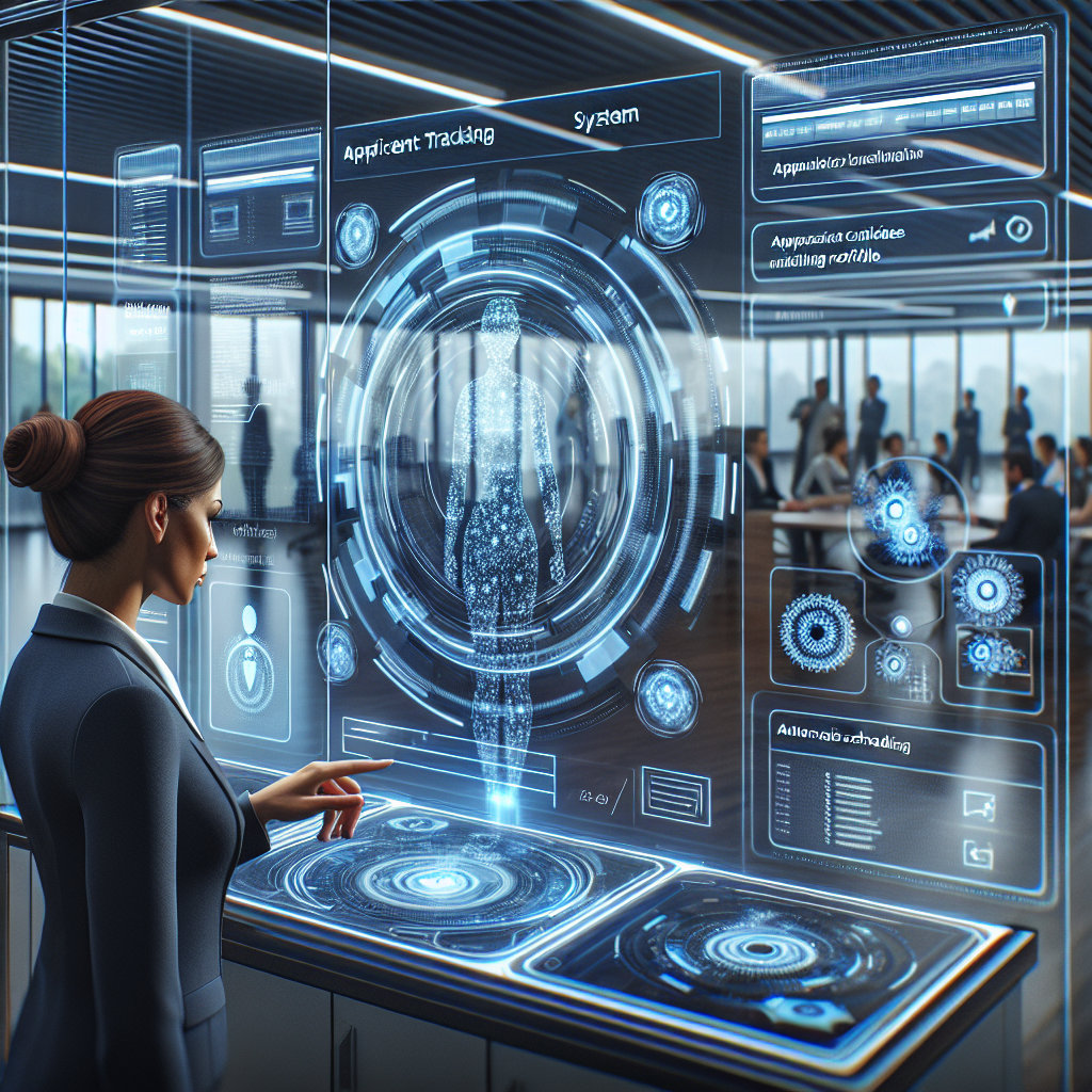 Generate an image depicting a futuristic office environment where recruiters efficiently manage their tasks using holographic Applicant Tracking Systems (ATS) interfaces. The space is filled with screens displaying candidates' profiles, automated scheduling, and communication tools, with a tech-savvy recruiter interacting with these elements.