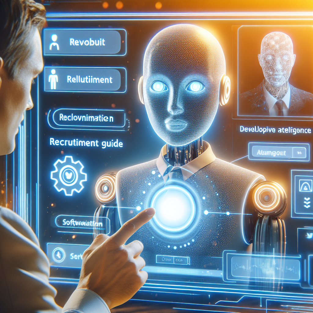 Generate an image of an AI-driven recruitment assistant, depicted as a friendly and intelligent software avatar guiding a human recruiter through the recruitment process. The scene should be warm and engaging, with the AI offering insights and recommendations via a high-tech, user-friendly interface.