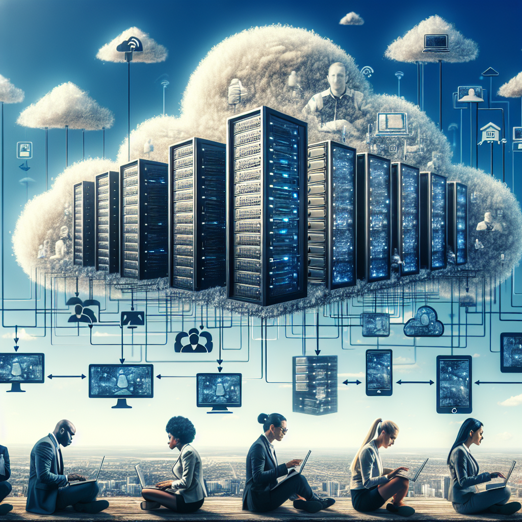 Generate an image of a cloud computing infrastructure supporting recruitment processes. The visual should show cloud servers and data repositories in the sky, symbolizing the limitless storage and processing capabilities. Below, recruiters working on various devices seamlessly access these powerful tools, with digital connections visible in the sky.