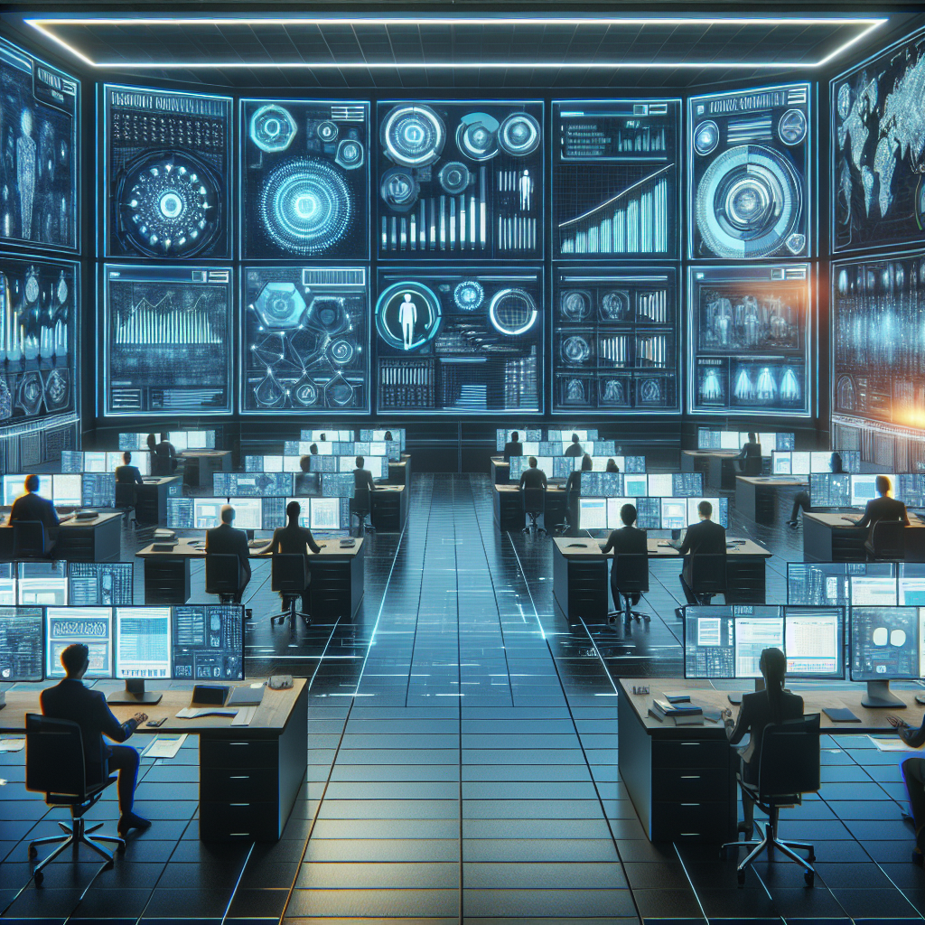 Generate an image of a futuristic office setting where recruitment professionals are using advanced software on their computers to automate the hiring process. The room is filled with screens displaying graphs, candidate management systems, and communication tools, conveying a sense of efficiency and technological advancement.