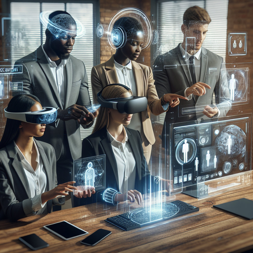 Generate an image of a diverse team of recruiters in a modern workspace, collaborating with the aid of recruitment software. The scene shows digital interfaces and virtual reality elements that highlight how technology enhances teamwork and decision-making in recruitment.