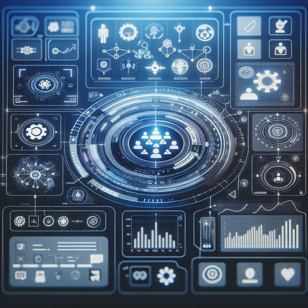 Generate an image of a digital interface close-up, showcasing an intuitive recruitment dashboard. The interface displays various tools and metrics used for strategic insights, candidate analysis, and communication efficiency, capturing the essence of modern recruitment optimization.