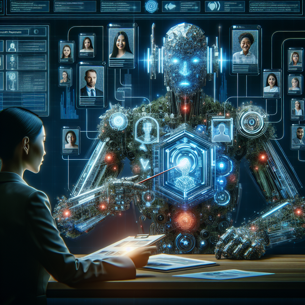 Generate an image of a metaphorical representation of recruitment software as a high-tech robot assisting a recruiter. The robot, composed of digital screens and data visualizations, is shown providing insights and managing candidate profiles, symbolizing innovation and automation in recruitment.