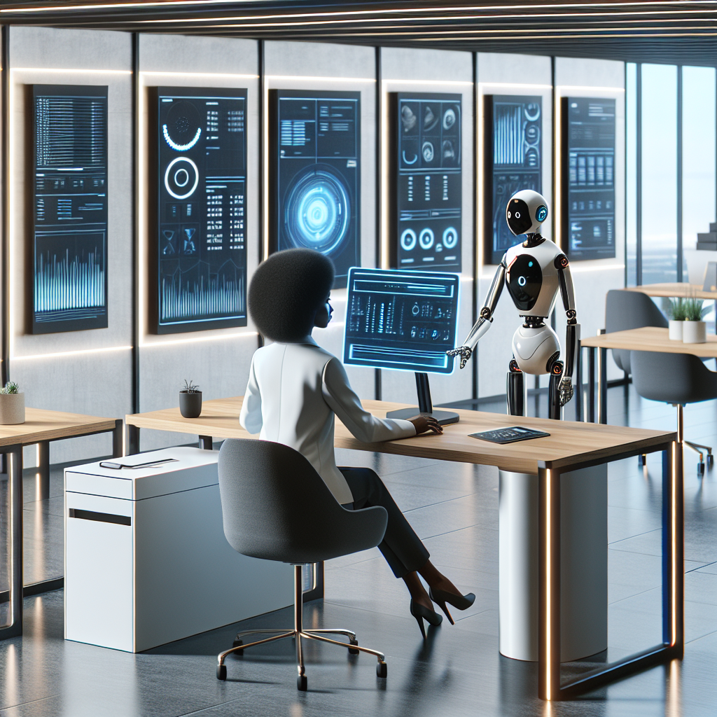 Generate an image depicting a modern office with a chatbot assisting a recruiter at their desk, streamlining the recruitment process. The office is filled with digital screens showing analytics and candidate profiles, highlighting efficiency and technology in recruitment.