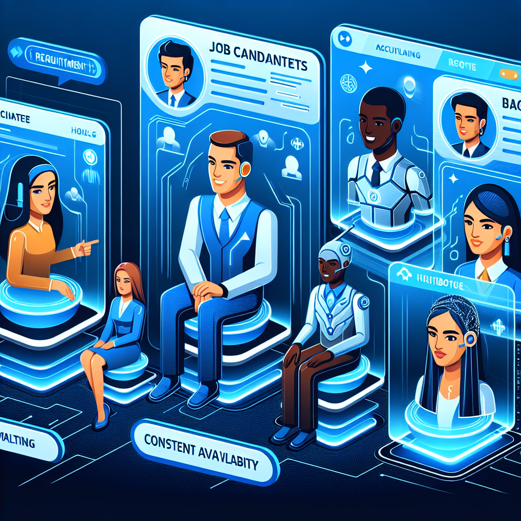 Generate an image showing a futuristic recruitment scenario where chatbots are interacting with multiple diverse candidates 24/7 online. Virtual avatars of candidates are engaged in conversation with digital chatbots, demonstrating accessibility and constant availability.