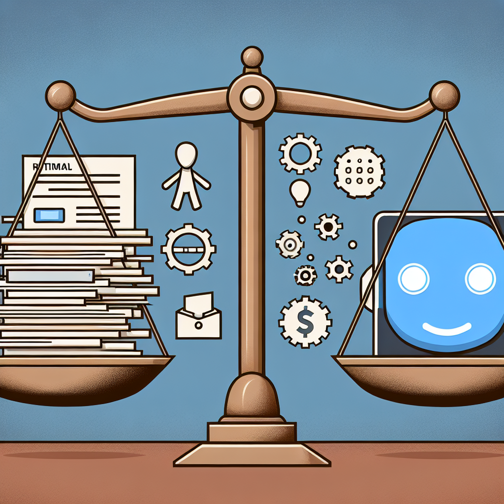 Generate an image of a balanced scale where one side shows traditional recruitment methods with paperwork and stress, and the other side shows a chatbot symbolizing objectivity and improvement in candidate experience. The visual should depict the transformation and benefits of AI technology in hiring.