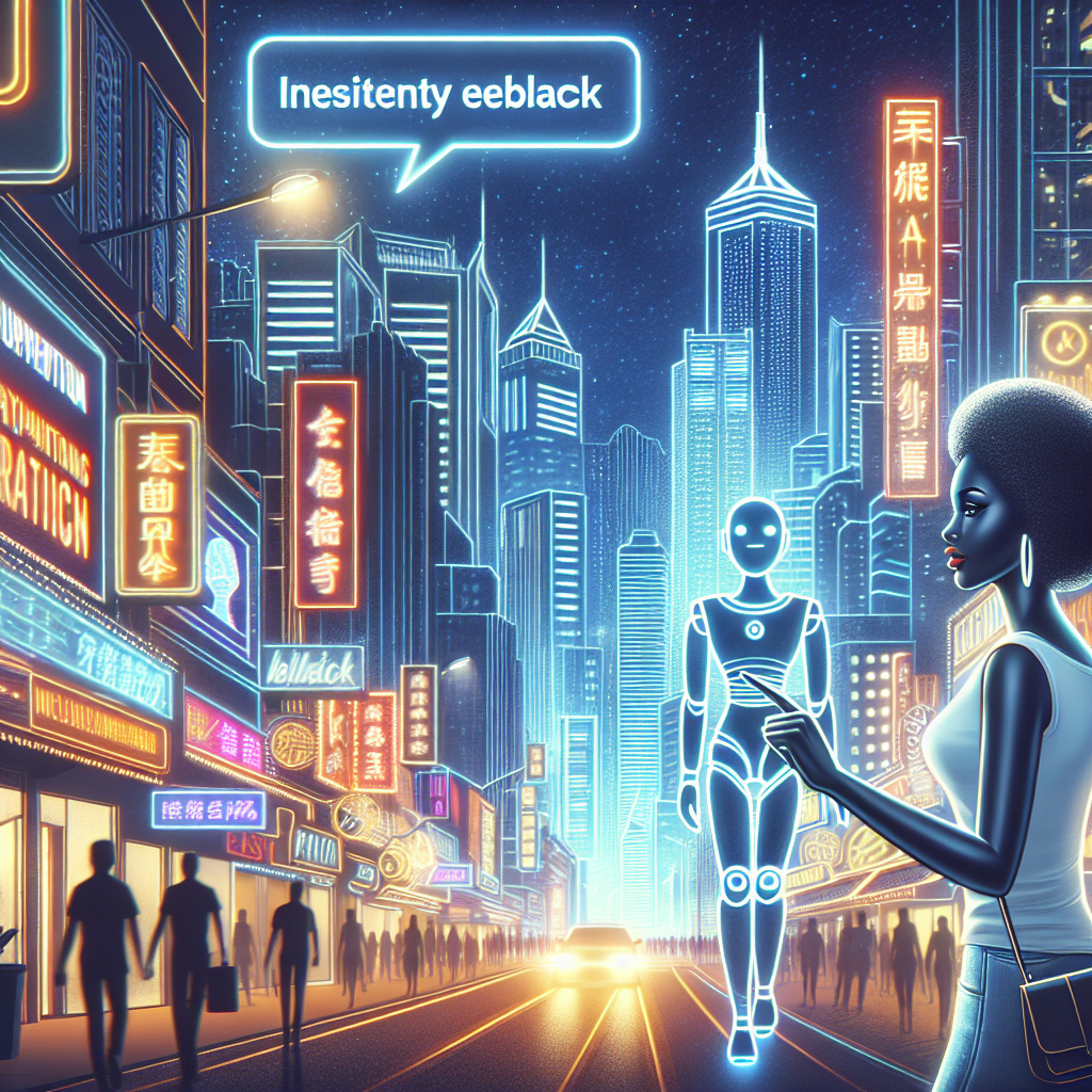 Generate an image of a vibrant cityscape at night with bright neon signs, symbolizing the constant availability of chatbots. In the foreground, a candidate receives instant feedback from a digital assistant while walking down the street, emphasizing continuous connectivity and real-time interaction.