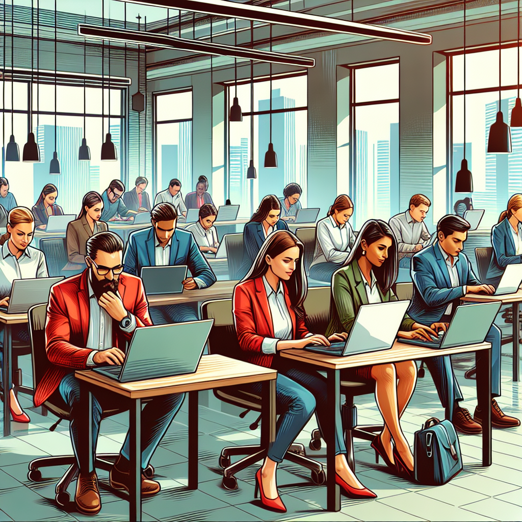 Generate an image depicting a bustling modern office environment, where HR professionals are engaging in online assessments using laptops and digital tools. The scene should capture diversity and collaboration, with individuals from different backgrounds actively participating. The style should be realistic and dynamic, highlighting technology as an integral part of the recruitment process.