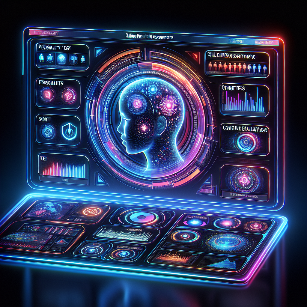 Generate an image illustrating a futuristic dashboard displaying various types of online assessments for recruitment. The interface should be sleek and holographic, with vivid colors and interactive elements. The composition should convey innovation and efficiency, showcasing assessments like personality tests, skill evaluations, and cognitive quizzes with dynamic graphs and metrics.
