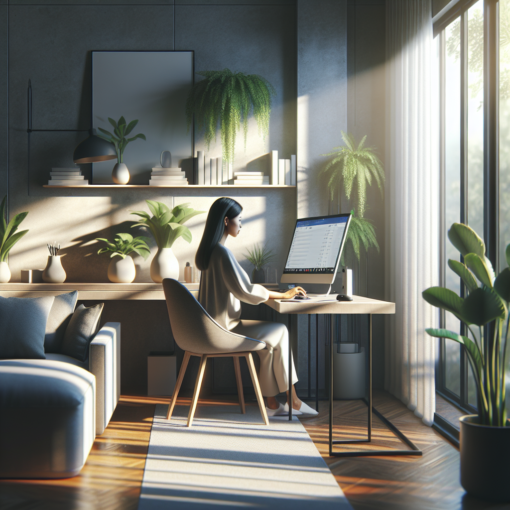 Generate an image of a serene and minimalist home office where a candidate is peacefully taking an online assessment on a computer. The room should be filled with natural light, house plants, and contemporary decor, emphasizing the comfort and accessibility of remote assessment. The style should be calm and inviting, highlighting how assessments can fit seamlessly into candidates' lives.