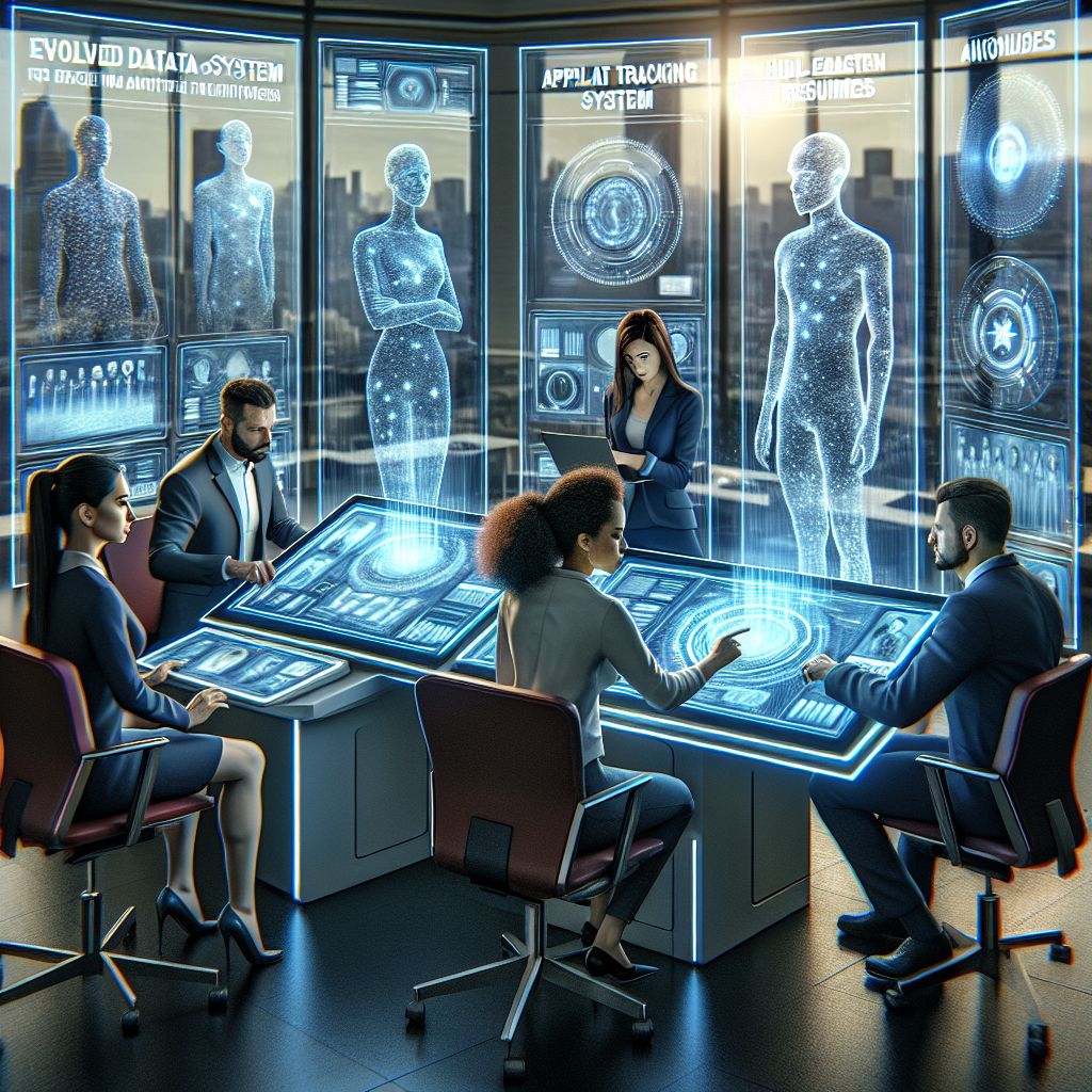 Generate an image depicting a futuristic office environment where a recruitment team utilizes an advanced ATS system on large interactive screens, streamlining candidates' resumes and data with ease. The team members are focused and interacting with the holographic displays, reflecting efficiency and innovation in recruitment.