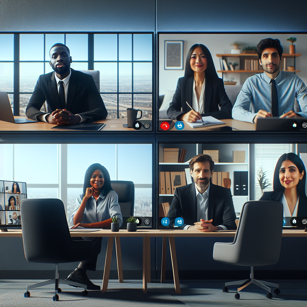 Generate an image capturing a diverse group of candidates participating in a video interview session. Each candidate is in a different location, yet visible on a split-screen showcasing modern video-interview software. The setting emphasizes connectivity and global reach, set against a sleek, modern backdrop.