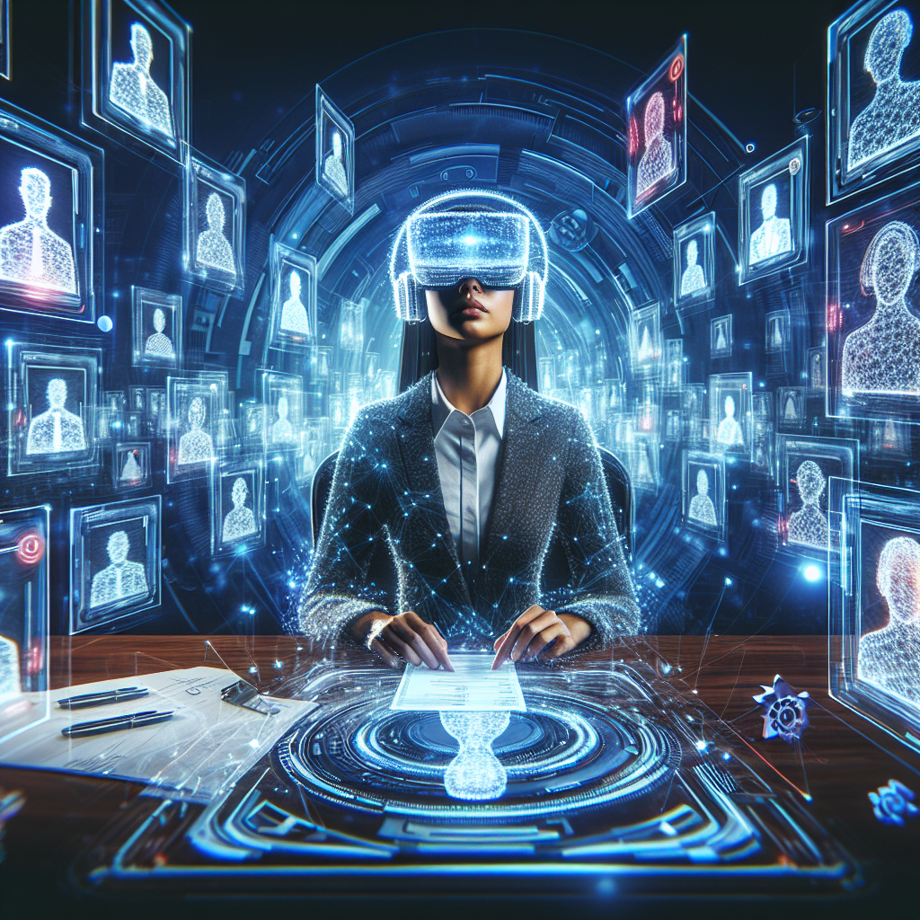 Generate an image illustrating a recruitment manager using a VR headset, surrounded by virtual profiles and resumes of potential candidates floating in mid-air. The image gives a sense of cutting-edge technology enhancing the recruitment process, with vibrant colors highlighting the futuristic setting.