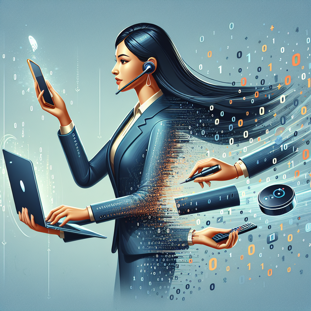 Generate an image of an animated character representing a recruiter using a variety of digital tools, including a laptop, smartphone, and a virtual assistant. This character exudes energy and efficiency, with digital elements swirling around, symbolizing the integration of technology in modern recruitment processes.