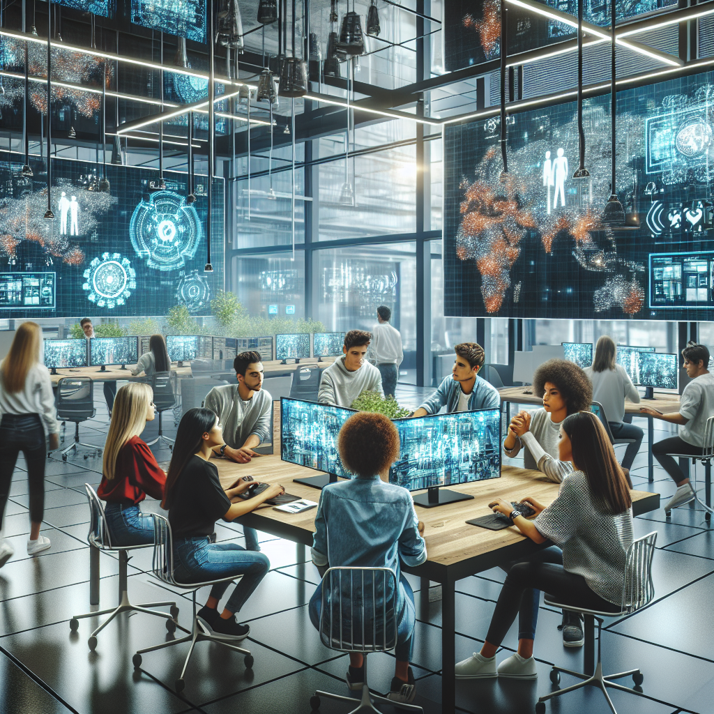 Generate an image of a futuristic office setting where a diverse group of young professionals are engaged in an immersive recruitment game. The scene should be vibrant and dynamic, showcasing interactive game elements on digital screens, with candidates solving puzzles and collaborating in teams. The office should reflect a blend of modern design and digital technology, emphasizing an innovative work environment.
