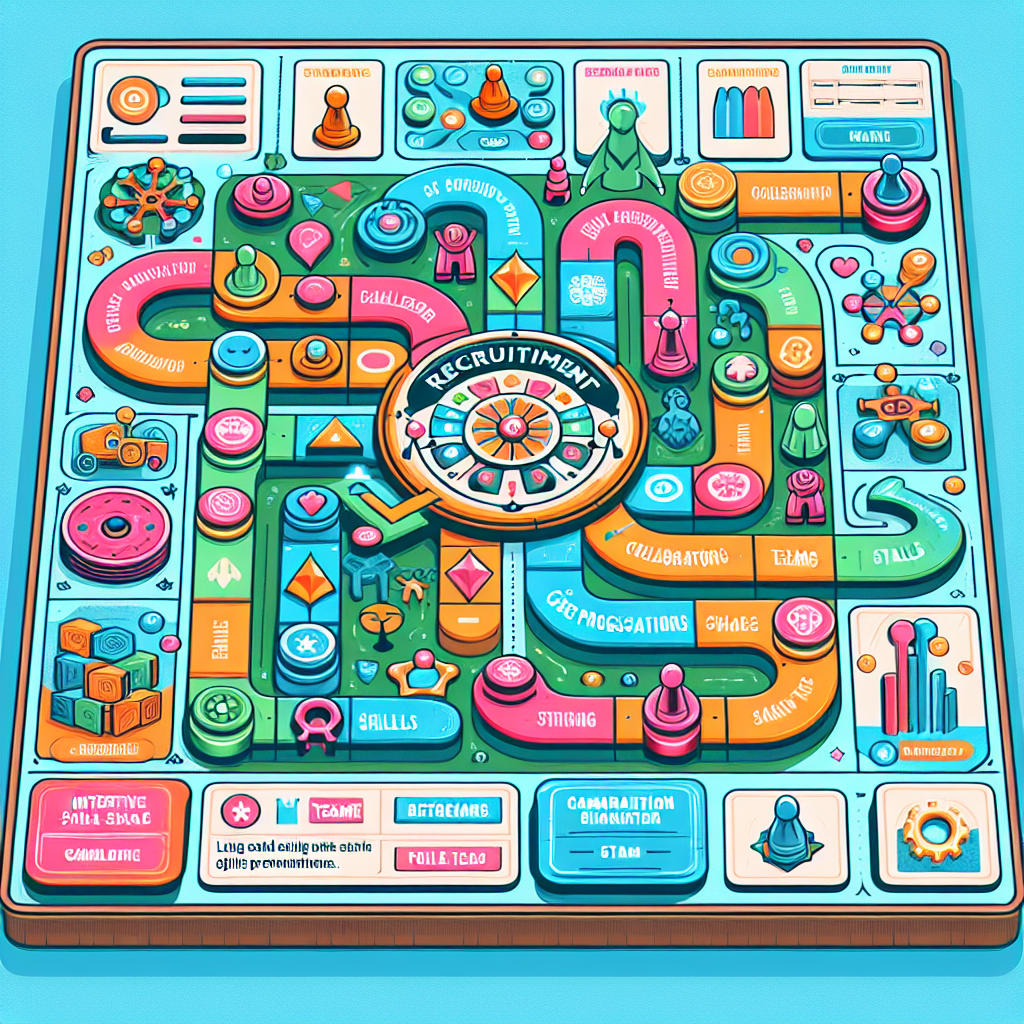 Generate an image of a board game themed around recruitment, with various gamified elements like cards, tokens, and avatars representing different skills and challenges. The board features colorful paths and sections depicting interactive skill assessments, teamwork, and career advancement. The style should be playful and whimsical, capturing the spirit of gamification in recruitment.