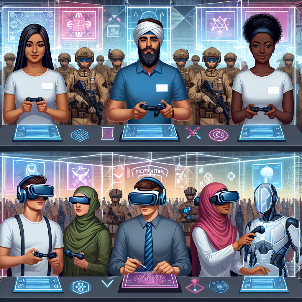 Generate an image of a virtual reality experience where candidates are immersed in a 3D gamified recruitment world. Show them wearing VR headsets, interacting with avatars, and exploring different scenarios like solving puzzles or engaging in skill-based competitions. The setting should be futuristic with holographic elements and vibrant colors to emphasize the innovative approach.