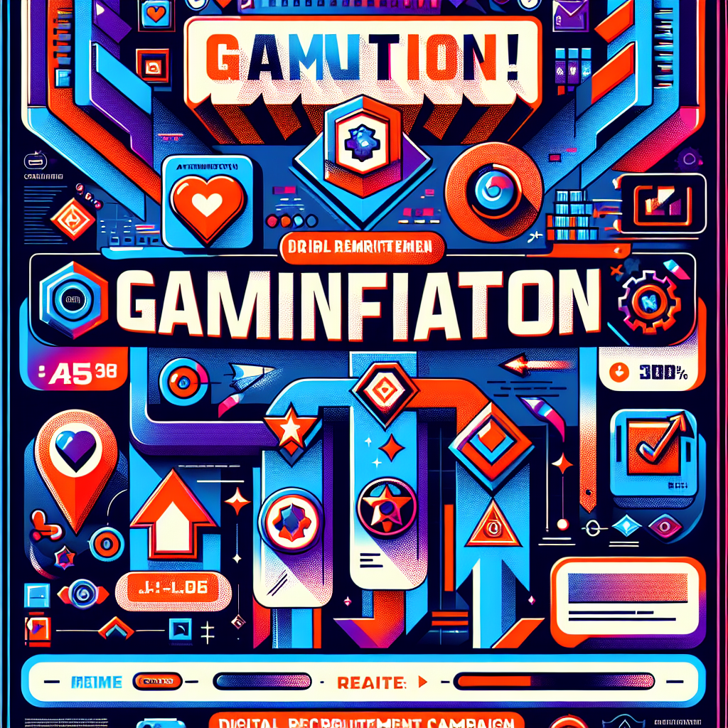 Generate an image of a creative digital recruitment campaign poster that highlights gamification. The design should use bold, eye-catching graphics and typography, depicting elements like leveling up, achievement badges, and interactive challenges. The overall composition should be energetic and youthful, attracting young talent with its modern and engaging design.