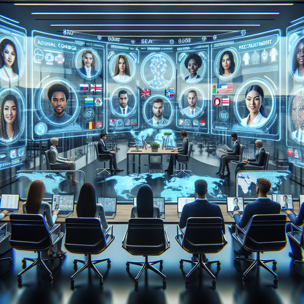 Generate an image of a futuristic office setting where recruiters are using advanced video recruitment tools displayed on holographic screens. The scene should depict diverse, international candidates being interviewed from various parts of the world, highlighting the global reach and technological advancement.