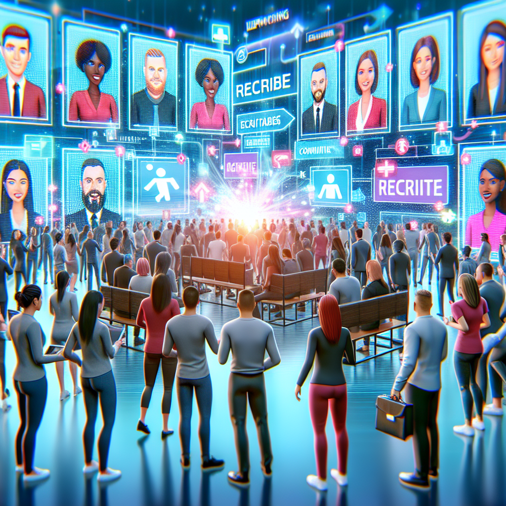Generate an image showcasing a bustling virtual job fair, where animated characters and avatars represent candidates and recruiters interacting through video calls. The vibrant, colorful scene emphasizes accessibility and the flexibility of recruitment in a virtual landscape.