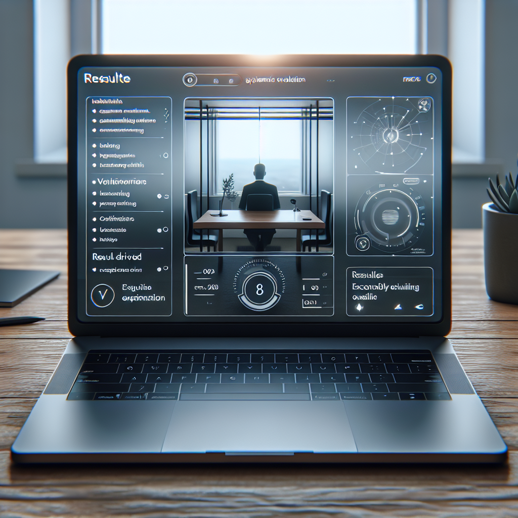 Generate an image of a serene, minimalist workspace with a close-up view of a laptop screen displaying video recruitment software analyzing a candidate's soft skills in real-time during a virtual interview. The focus is on the analytical and evaluative capabilities of the software.