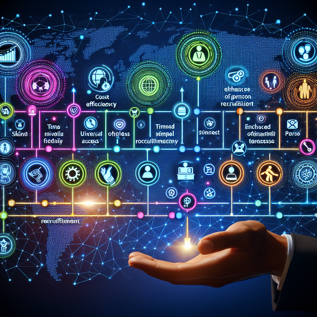 Generate an image of a dynamic timeline illustrating the recruitment process, featuring video snippets as milestones. The timeline is interspersed with icons representing cost and time efficiency, accessibility, and improved soft skill assessment, all set against an interconnected global network background.