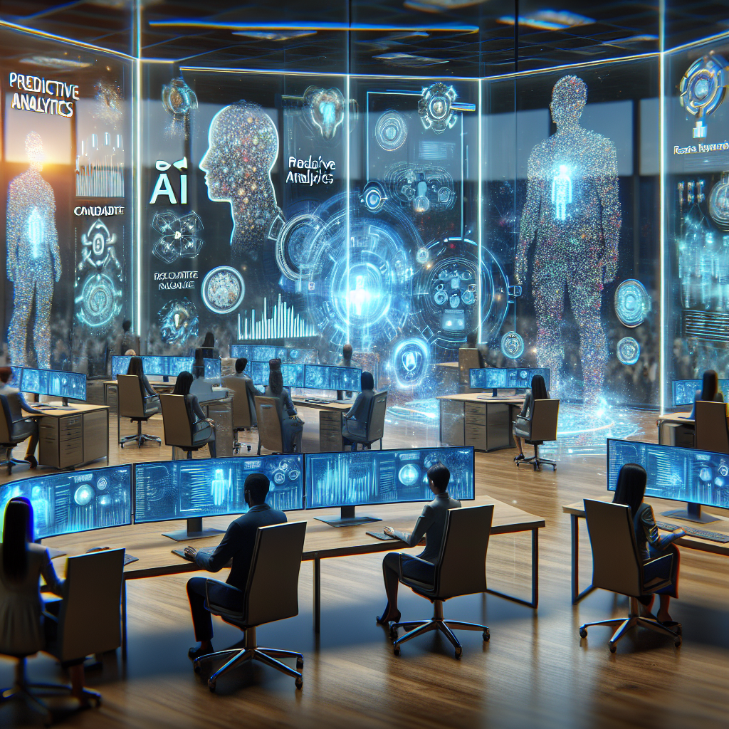 Generate an image illustrating a futuristic office setting where recruiters are using advanced predictive analytics software displayed on multiple holographic screens. Incorporate elements like data charts, AI algorithms, and candidate profiles floating in the air, showing a seamless integration of technology in recruitment.
