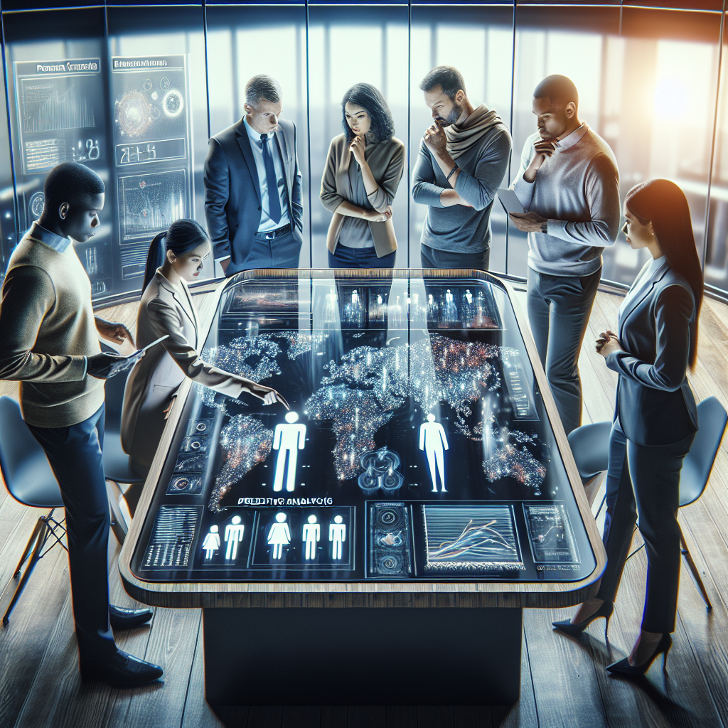 Generate an image of a diverse team of recruiters gathered around a large digital display table, analyzing predictive analytics data. The scene should highlight a high-tech environment with digital graphs, charts, and potential candidate avatars, emphasizing collaboration in decision-making.