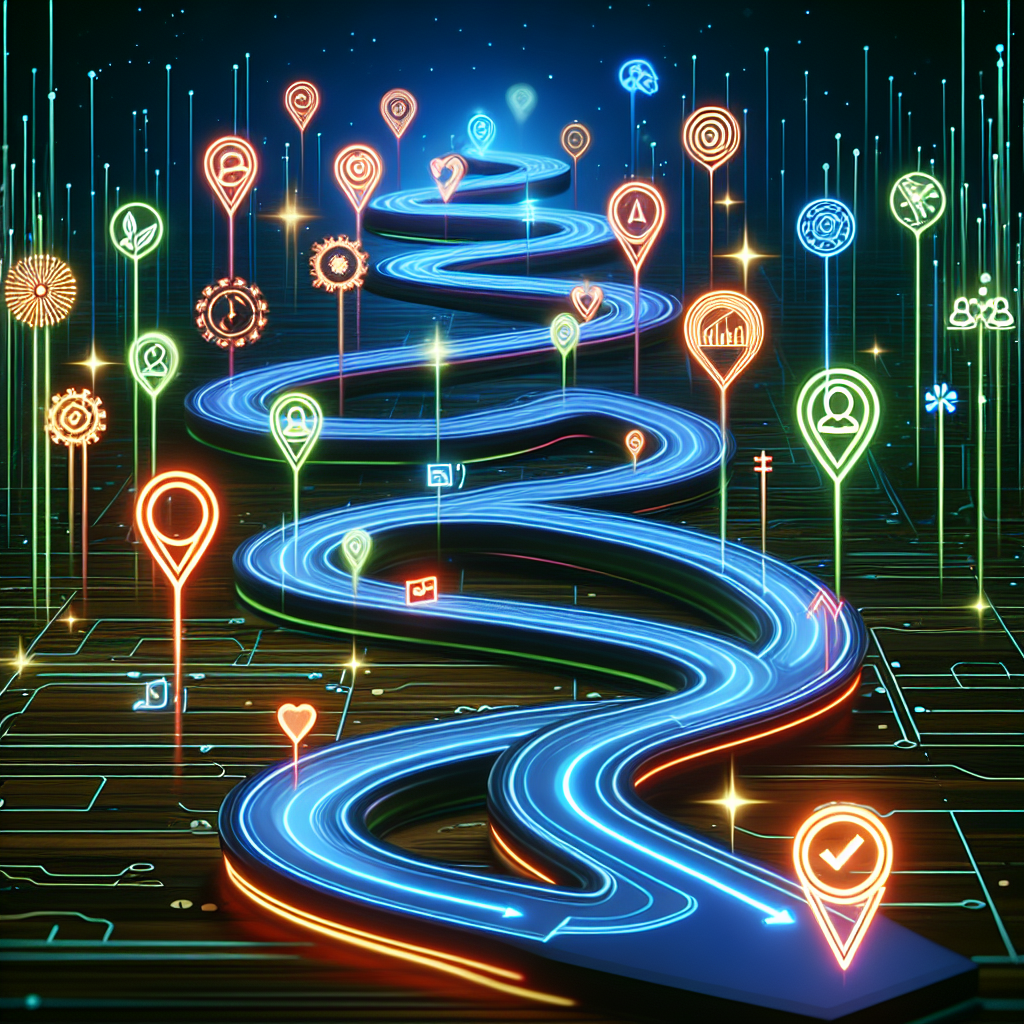 Generate an image of a metaphorical recruitment journey represented as a winding road with various data-driven milestones. Along the road, showcase visual indicators of time-to-hire reduction and enhanced hiring quality achieved through predictive analytics, using vibrant colors and dynamic design.