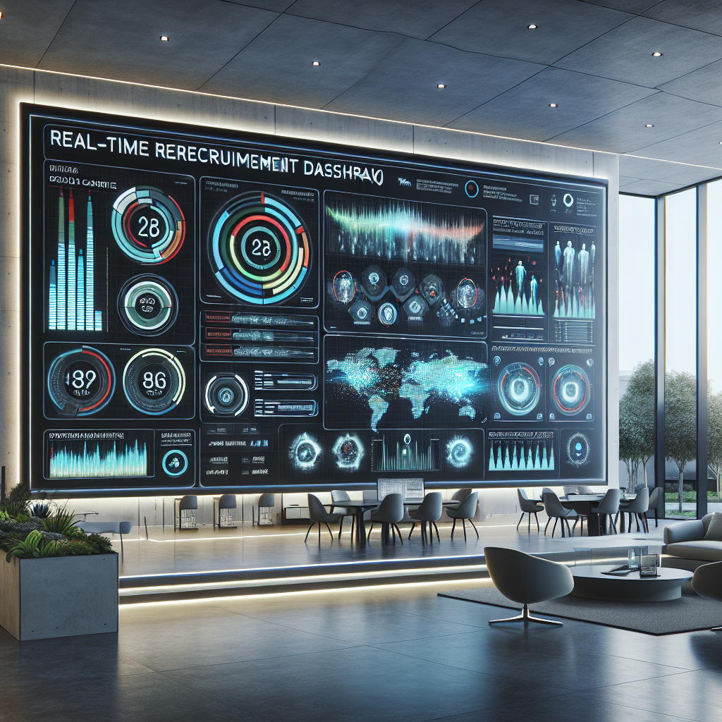 Generate an image of a futuristic recruitment dashboard interface on a giant screen, showcasing real-time predictive analytics data. Include various key performance indicators, candidate success probabilities, and a seamless user interface, set against a sleek, modern office backdrop.