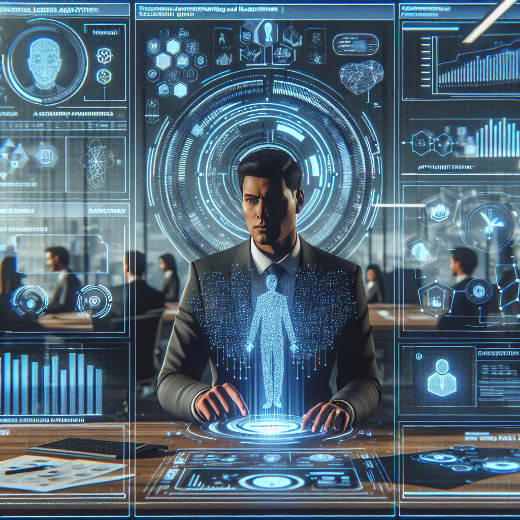 Generate an image of a futuristic office environment where a recruitment professional is utilizing a holographic interface connected to LinkedIn Recruiter and an Applicant Tracking System. The scene should include digital displays of potential candidates, AI analytics, and advanced technologies like machine learning algorithms visualized as floating data streams.