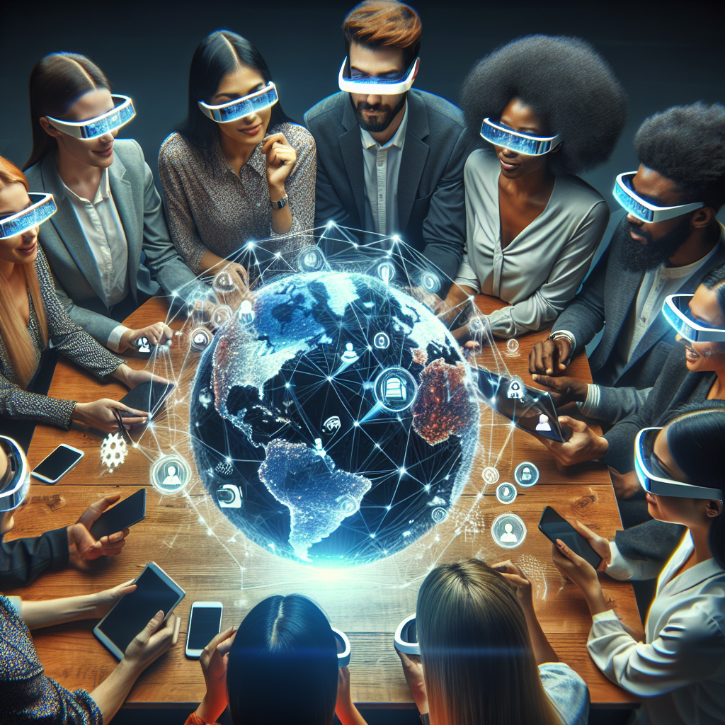 Generate an image of a diverse team of recruitment specialists gathered around an interactive digital globe, each using augmented reality glasses to identify top candidates from different parts of the world. The digital globe should display interconnected networks representing social media platforms and AI-driven recruitment tools.