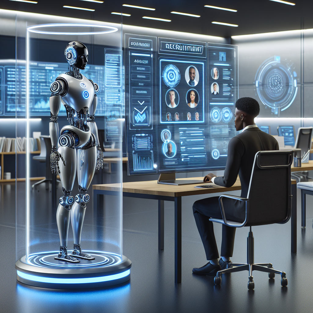 Generate an image of an AI-driven recruitment robot assisting a human recruiter in an ultra-modern workspace. The robot should analyze resumes and candidate profiles in real-time, with visualizations of bias-checking algorithms correcting potential biases. The room should have a sleek, minimalistic design emphasizing advanced technology.