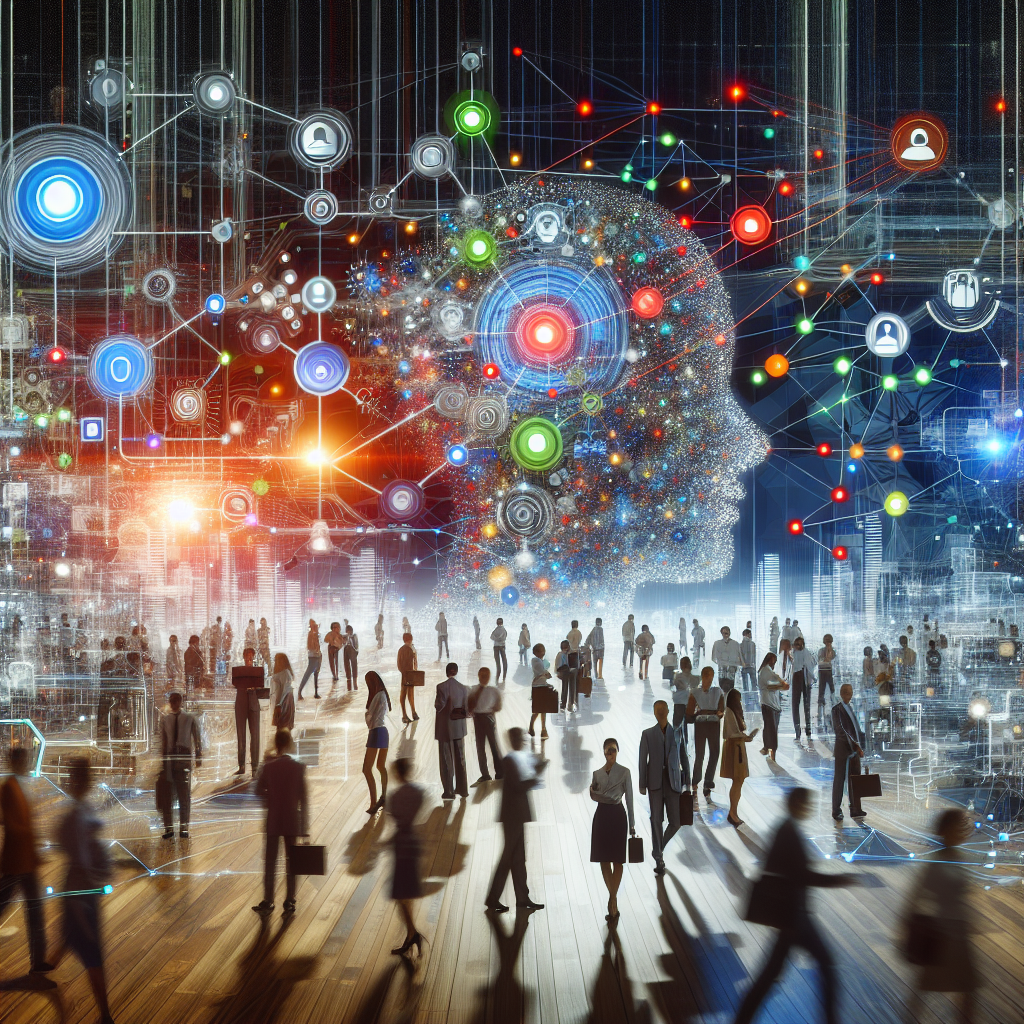 Generate an image of a vibrant, bustling digital network space, illustrating the flow of AI-enhanced recruitment processes. The scene should depict abstract representations of AI algorithms, network connections, and candidate profiles, with contrasting colors to convey speed and efficiency in finding ideal candidates.