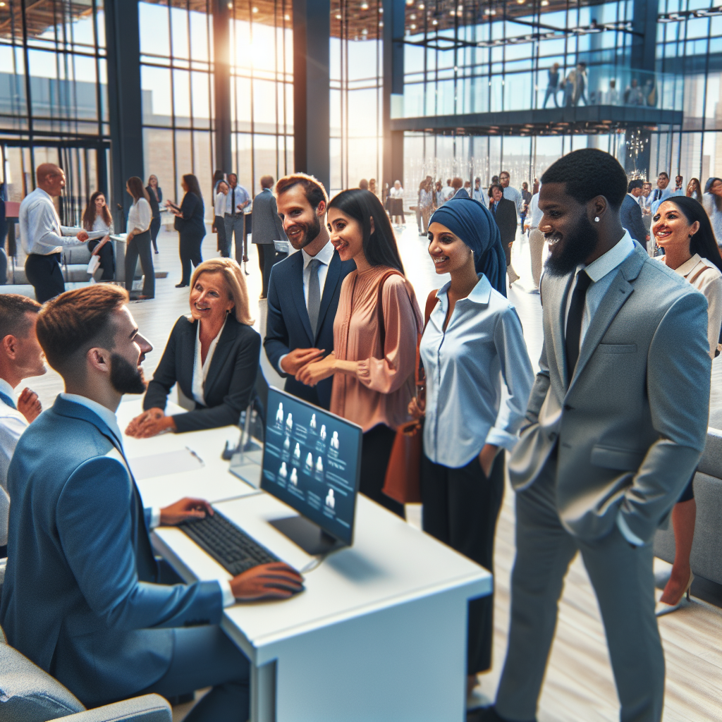 Generate an image of a modern, inclusive office environment where diverse candidates are being warmly welcomed by HR personnel. Emphasize the atmosphere of transparency and friendliness, with visible technology aids like interactive kiosks and digital displays providing information about the interview process. Showcase diverse candidates interacting openly with staff, reflecting a welcoming and equal opportunity workplace.