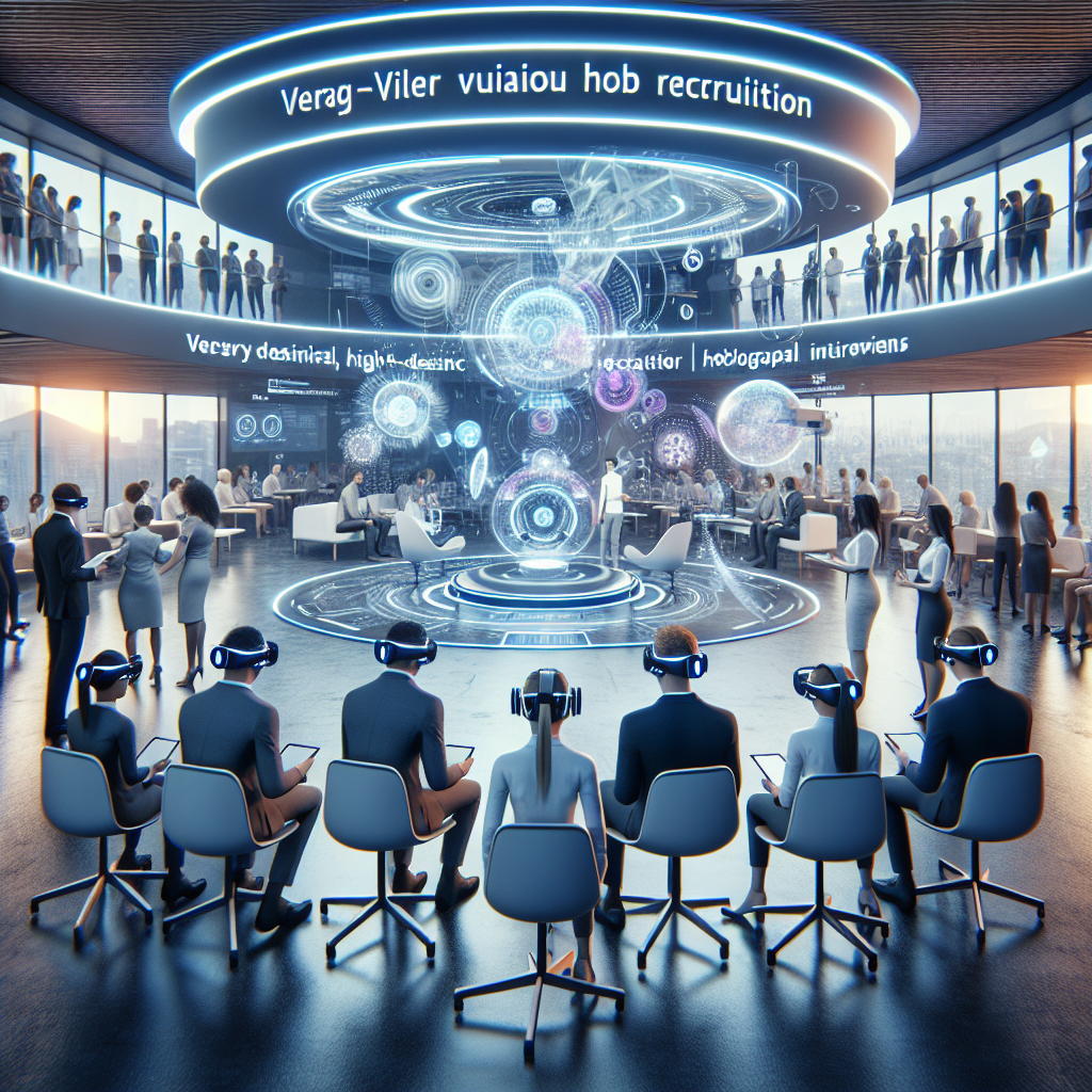 Generate an image of a futuristic recruitment process where candidates are immersed in virtual reality experiences. Show applicants donning VR headsets as they explore a virtual office space, interact with holographic interviewers, and gain insight into the company culture. Highlight the innovative use of technology to create an engaging and informative experience, appealing to young, tech-savvy professionals.