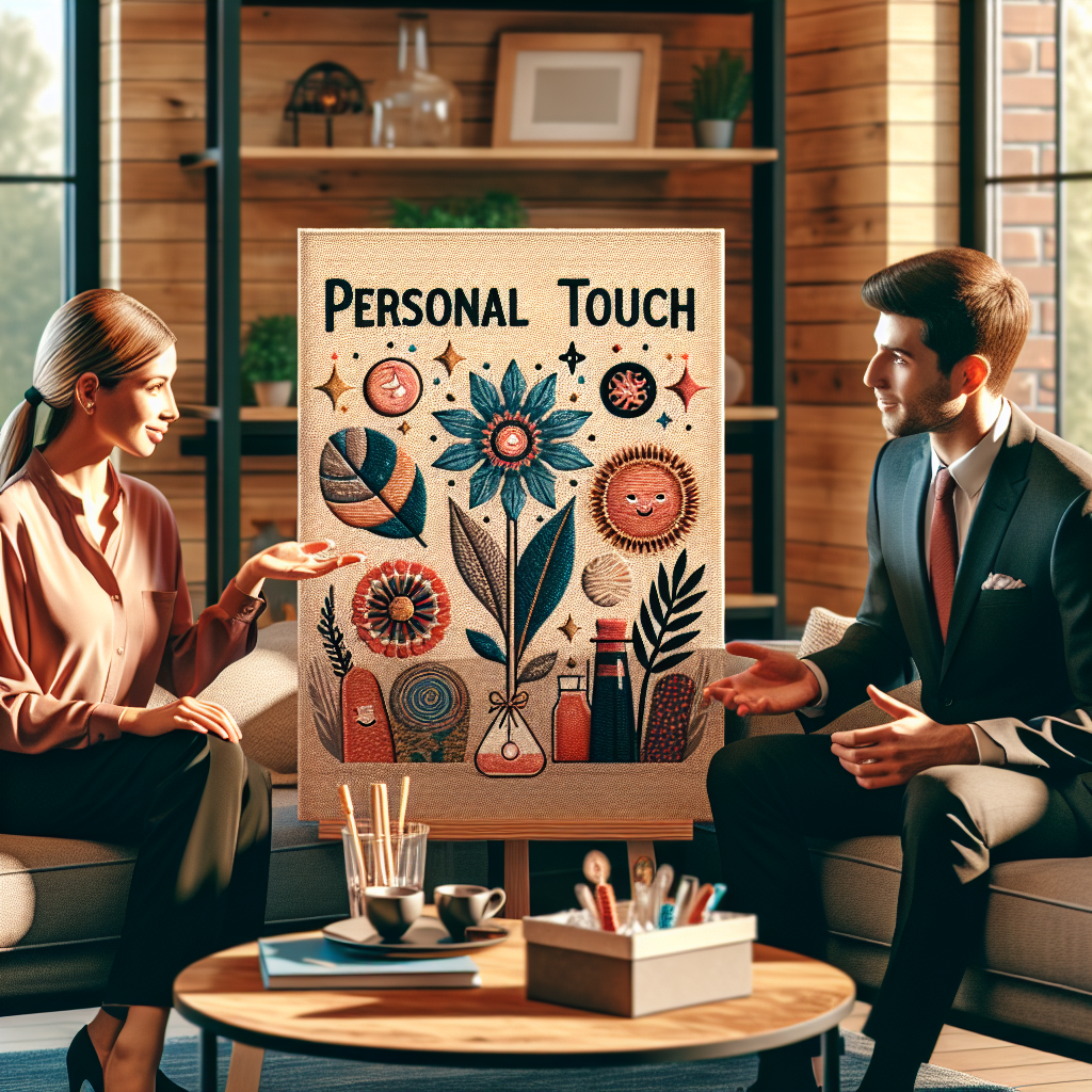 Generate an image depicting the concept of 'personal touch' in candidate experience. Illustrate a recruitment scenario where a hiring manager is personally guiding a candidate through the interview process. The setting should be cozy and inviting, with personalized details like a welcome board with the candidate's name, and a small gift basket on the table. Reflect the essence of genuine human connection and personalized attention.