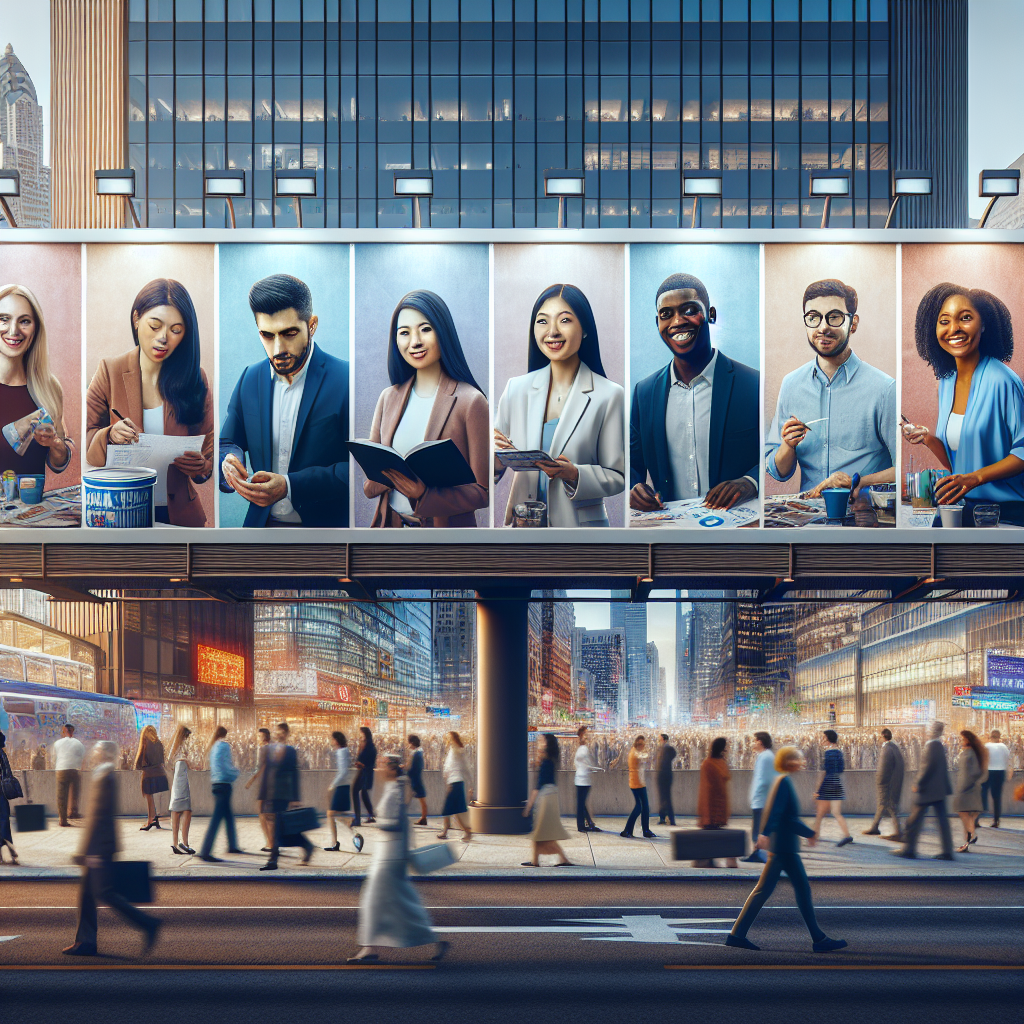 Generate an image of an impressive employer branding campaign. Design a vibrant urban billboard showcasing the company’s diversity and inclusion policy, featuring employees of various backgrounds and experiences. The scene should be lively, set in a bustling city environment, and convey a message of openness and excellence. Capture the essence of strong employer branding in attracting top talent.